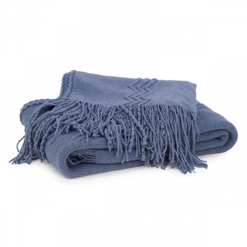 Blue Knit Textured Throw W/Fringe