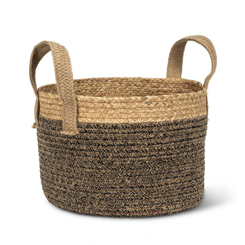 Blk & Natural Round Baskets W/Handles - LG