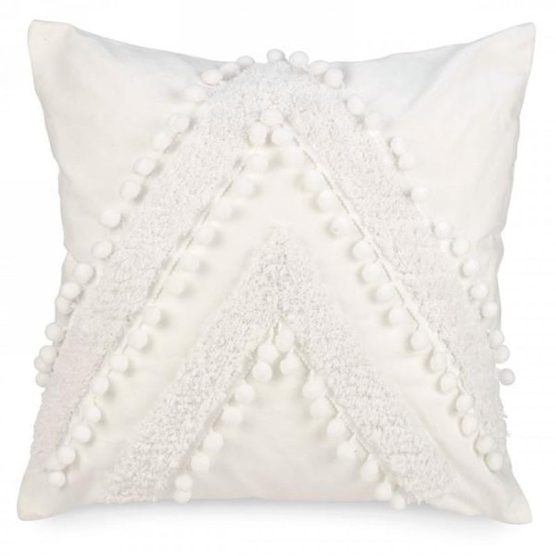 White Tufted Cushion W/Pompoms