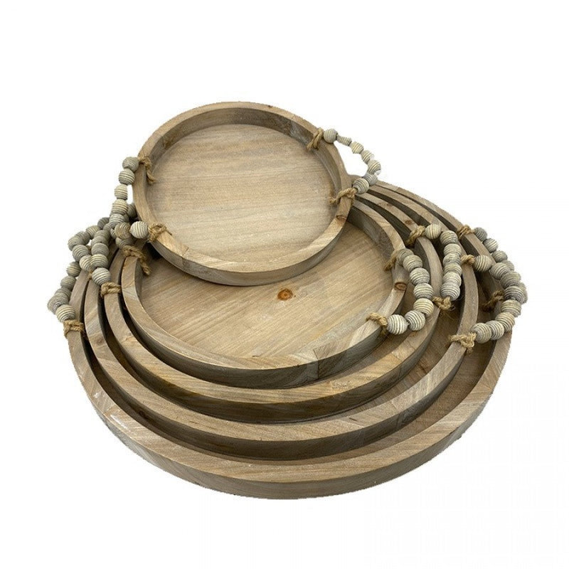 Wooden Round Trays W/Beaded Handles - XS