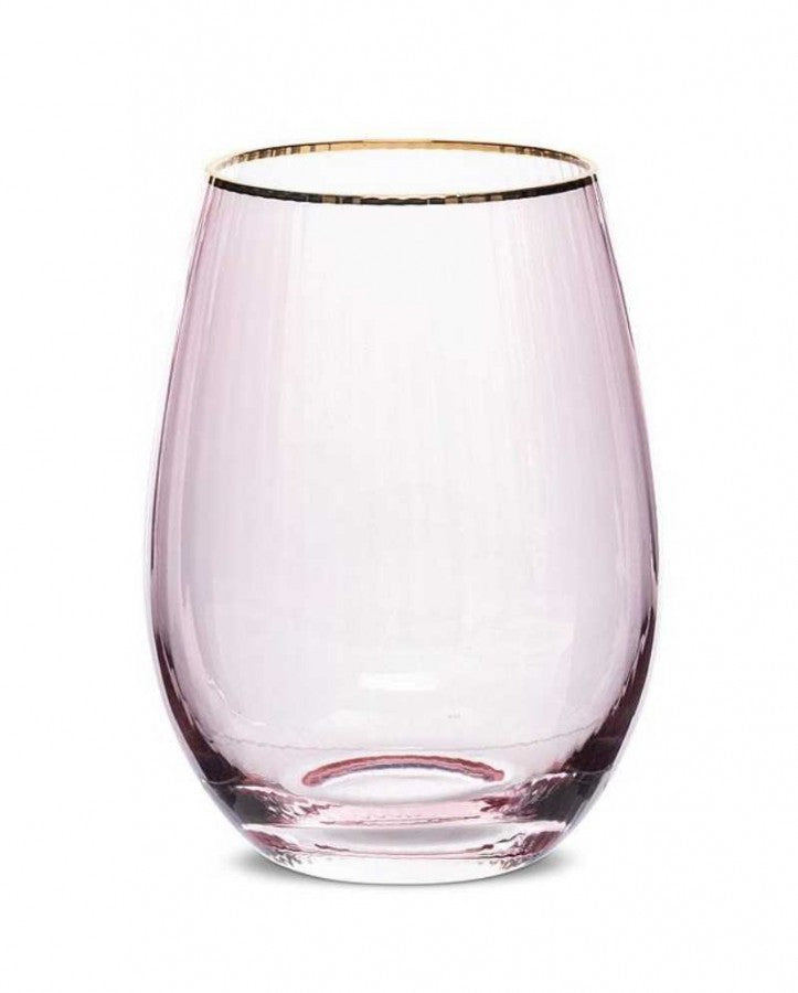 Pink Stemless Glass W/Gold Rim